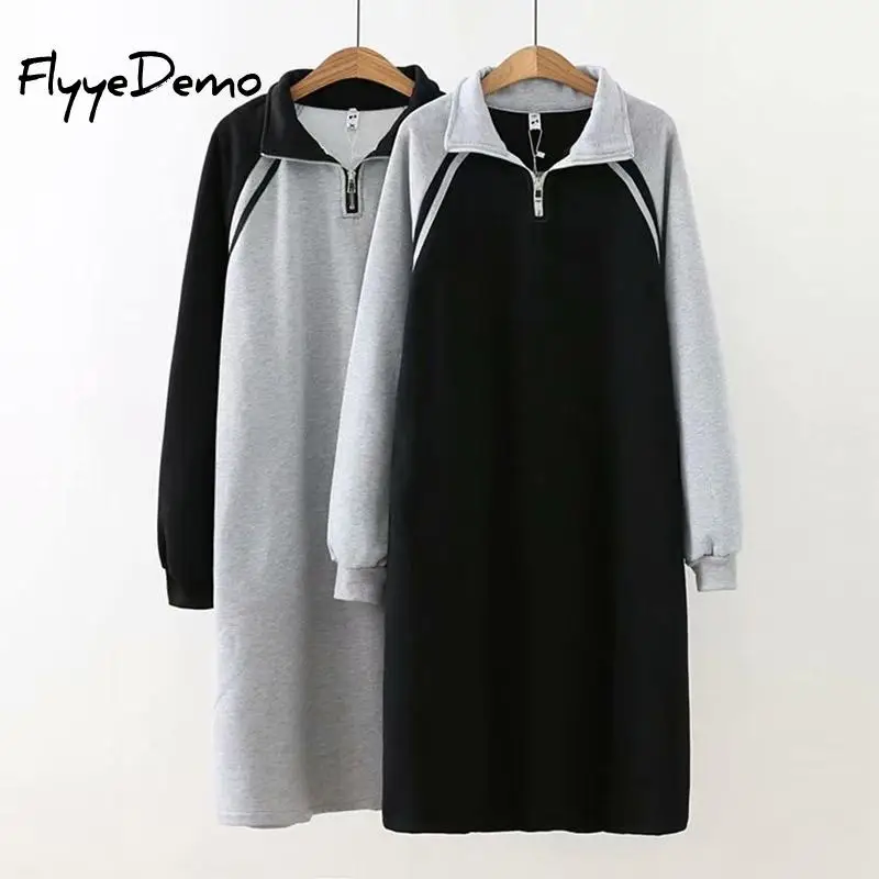 

Winter Warm Fleece Dress Women 2019 Stand Collar Long Sleeve Patchwork Straight Long Dresses Womens OL Office Work Wear Bottom