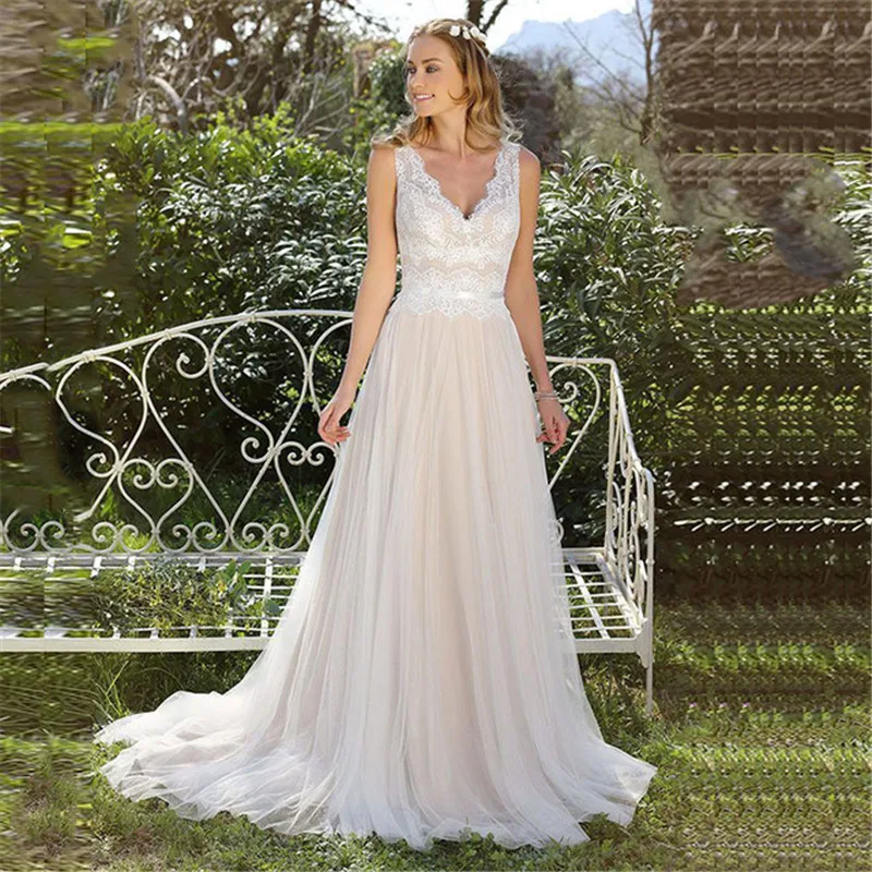 

Sexy V Neck Princess Boho Wedding Dresses 2019 Top Lace Appliques A-line Tulle Bridal Gown Vestidos de Noivas Plus Size New