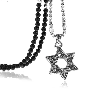 

Men's Stainless Steel Star of David Pendant Necklace with Black Natural Stone Beaded Necklace 27inches