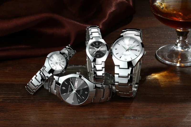 1 пара часов Топ Роскошные Кварцевые часы Дата Неделя часы из нержавеющей стали для мужчин женщин светящиеся наручные часы для влюбленных+ коробка