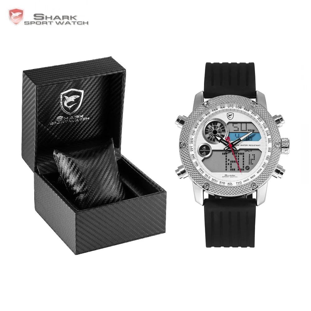 

Luxury Leather Box Porbeagle SHARK Sport Watch Men Army Digital LCD Date Alarm Chronograph Silicone Quartz Wristwatch /SH583-588