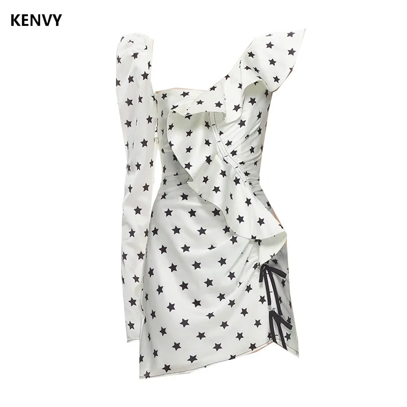 

KENVY Brand Fashion Women's High-end Luxury Spring Summer Star Reffles Frill Slim Dress