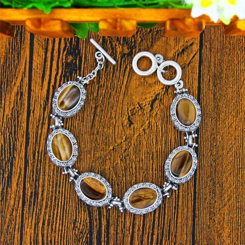 Oval Natural Tiger Eye Stone Bracelet For Women Snail Flower Antique Silver Plated Fashion Jewelry TB330