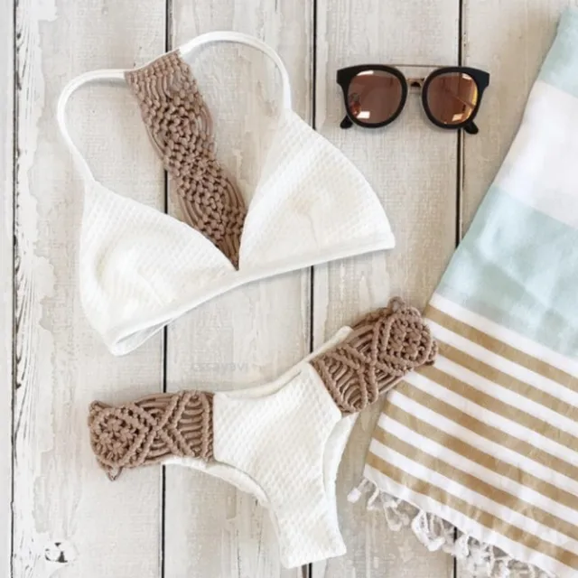 US $6.08 2019 Hot Knitted Bikini Set Women Summer Khaki Halter Swimwear Bikini Set Push-up Low Waist Bra Bat