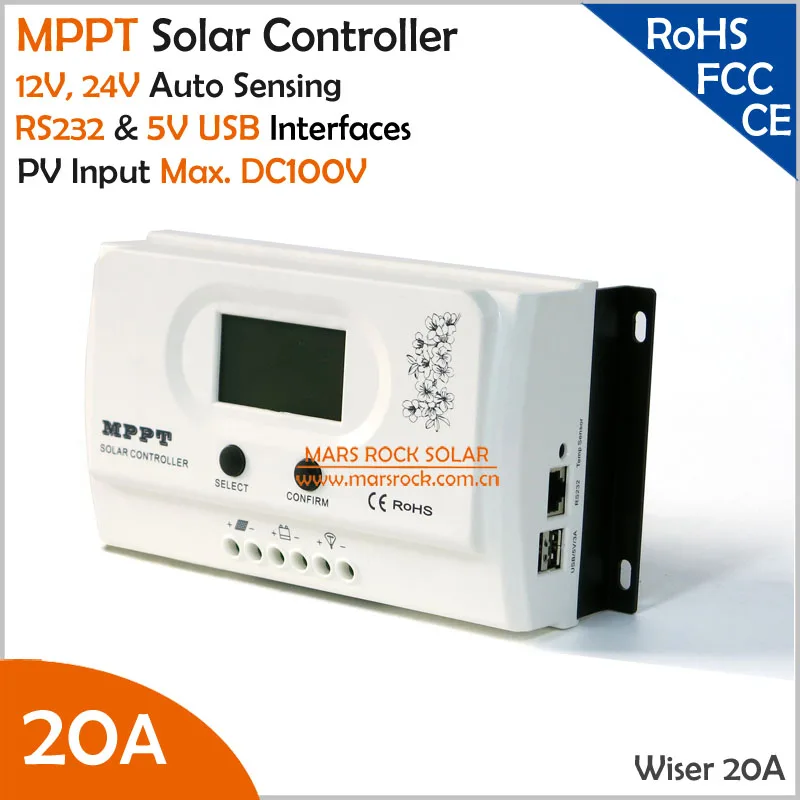 

Wiser 20A MPPT solar charge controller 12V/24V auto recognition Max. DC100V PV input with RS232 and 5V USB interfaces
