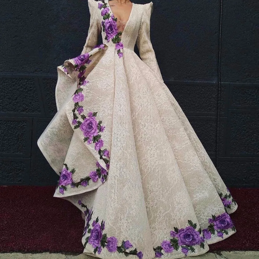 

Luxury Evening Dresses Embroideries Robe de soiree Abendkleider Lebanon Evening Gowns Full Sleeve Long Evening Dress Lace V Neck