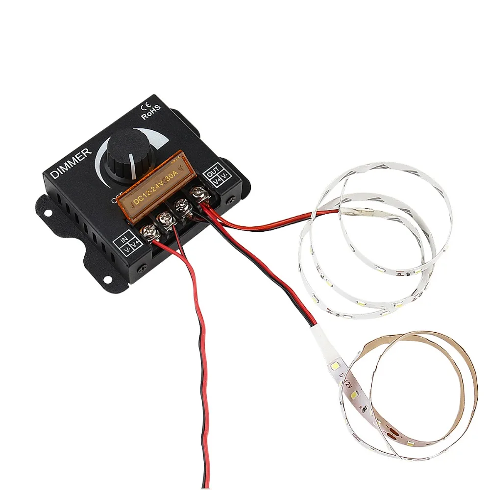 Knob Dimmer DC 12V 24V 30A Aluminum Adjustable Brightness PWM Dimming Switch Controller for Single Color LED Strip Lights Lamp