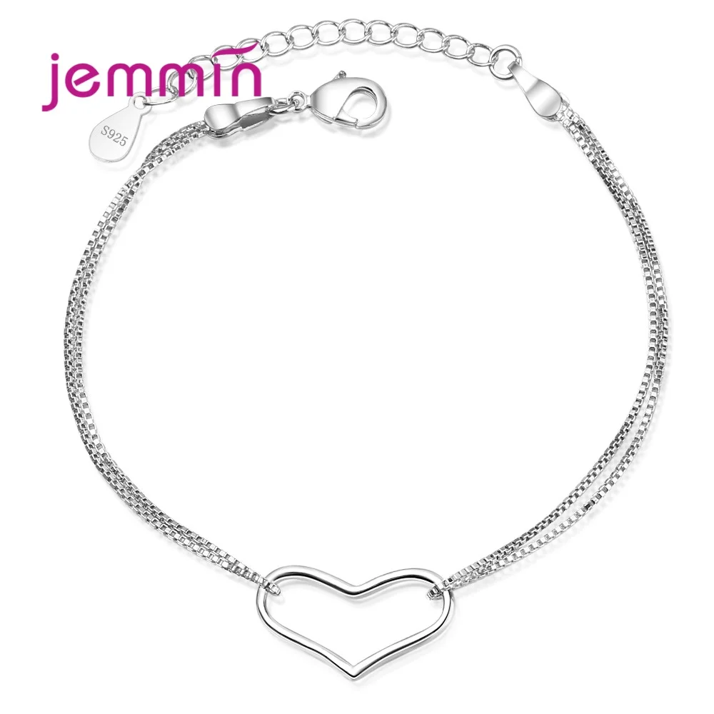 

Simple 925 Silver Fashion Trendy Double Chains Cute Sweet Love Heart Shape Bracelets For Girls Women Lovely Jewelry Accessory