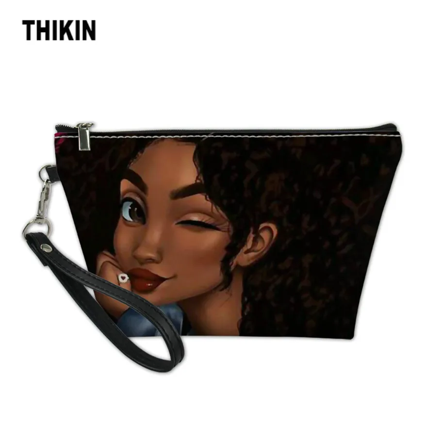 

THIKIN Art Black African Girl Printing Cosmetic Case Women Travel Toiletry Bags Ladies Portable Wash Kit Bag for Girls Female