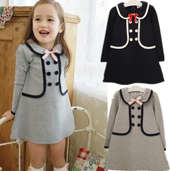 

Retail 2019 New summer children girls dress,cotton long design t-shirt double-breasted buttons sub school navy 3-7Y