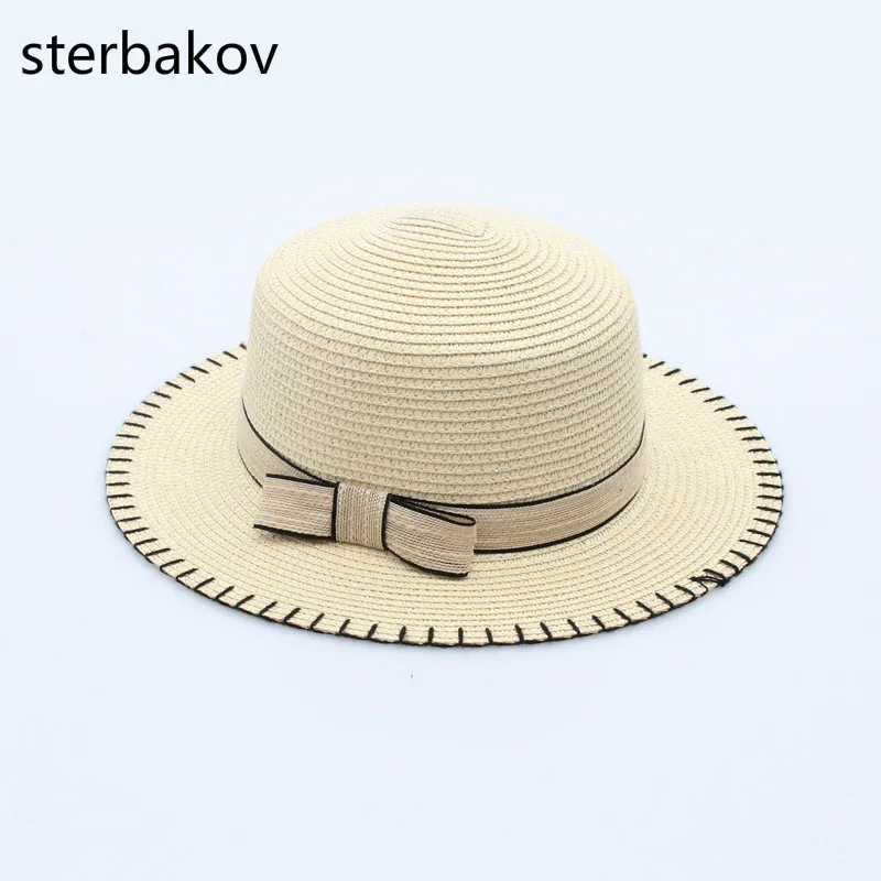 

sterbakov New Pattern Side Seam Flat Roof Straw boater panama Hat Summer Outdoors Sun Hat Bow Joker Sun Sandy Beach Hat chapeus