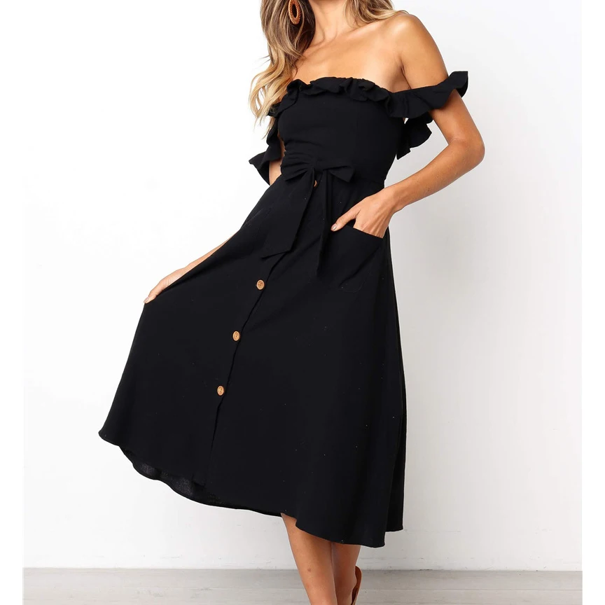 

Women Dress Buttons Female Boho Sundress Backless Strapless Mid-Calf Dress Printed Ruffles Pockets Dress Spring Plus Size M0406