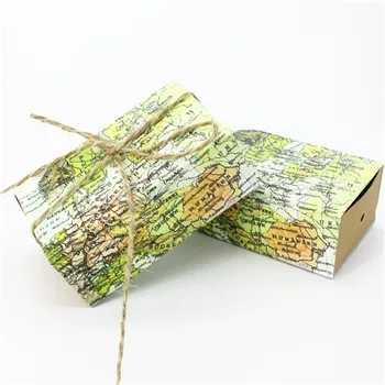 

World Map Kraft Paper Wedding Candy Boxes Rustic Jute Ribbon Sweet Cookie Holder Birthday Party Gift Favor Box