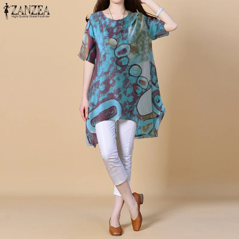 

ZANZEA 2019 Summer Blouse Women Casual Baggy Floral Printed Chiffon Shirt Loose Tops Blusa Feminina Irregular Hem Blusas S-5XL
