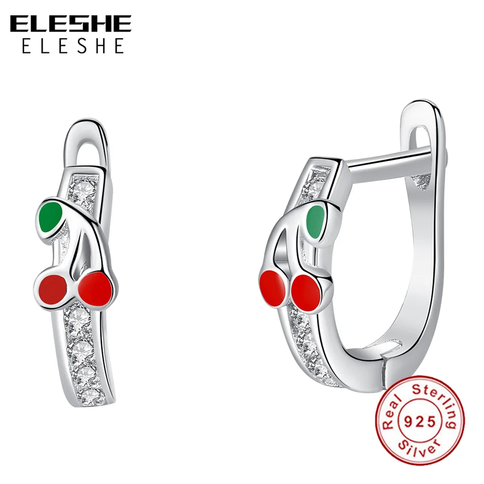 

ELESHE Hypoallergenic Fashion Jewelry Zircon Crystal Red Enamel 925 Sterling Silver Cherry Stud Earrings for Girls Child Kids
