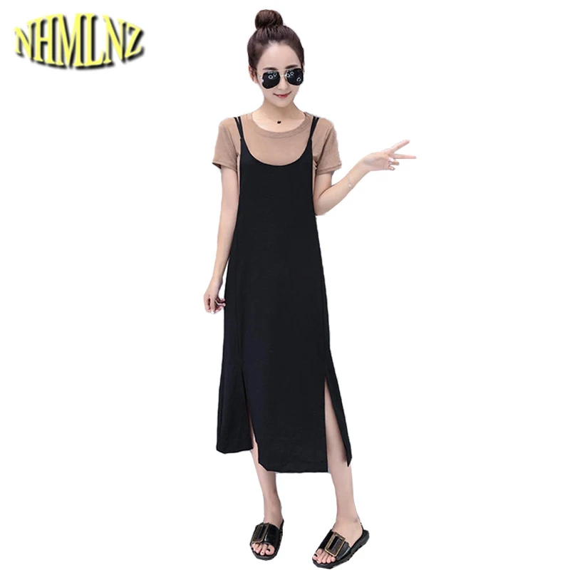 

2019 Summer New Korean Dress Women Two piece set Fashion Vestido Slim Long Females Clothing Short sleeve Dress Casual WUN1264
