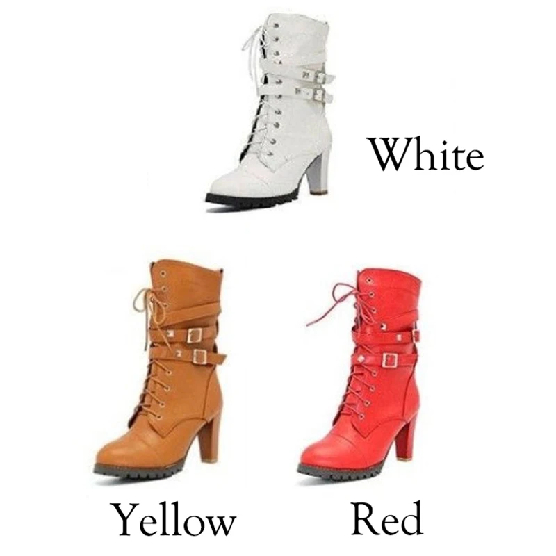 LAIGZEM Women Mid Calf Boots Heeled Round Toe Boots STYLISH Zipper Studded Buckle Chunky Heels Botines Mujer Small Big Size 3-15