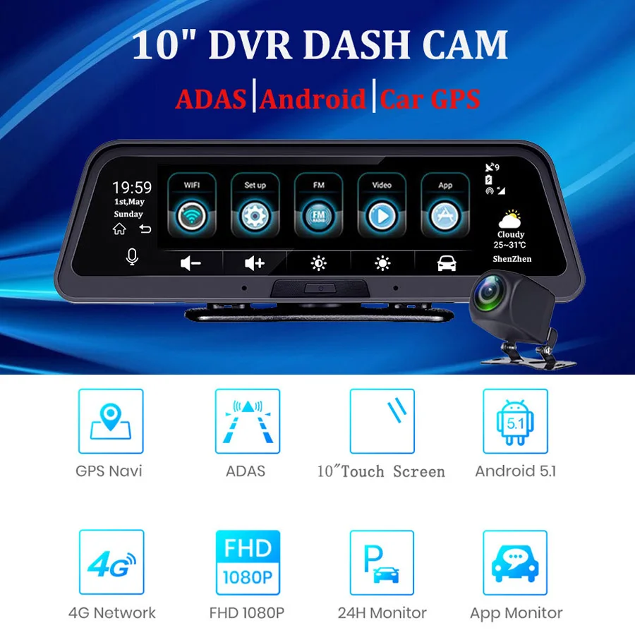 QUIDUX 10 дюймов 4G Автомобильный видеорегистратор Камера gps FHD 1080P Android Dash Cam навигация ADAS Автомобильный видеорегистратор двойной объектив с камерой заднего вида