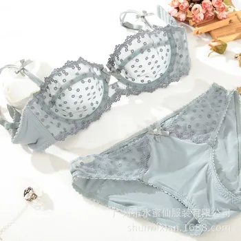 Ultrathin Underwear Lace Transparent Sexy Half Cup Bra and Panty Set 1