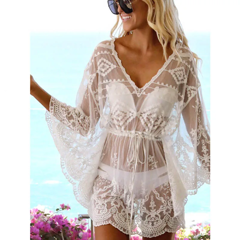 Billig 2019 Bikini Cover Up Spitze Hohl Häkeln Badeanzug Strand Kleid Frauen Sommer Damen Abdeckung Ups Badeanzug Strand Tragen tunika