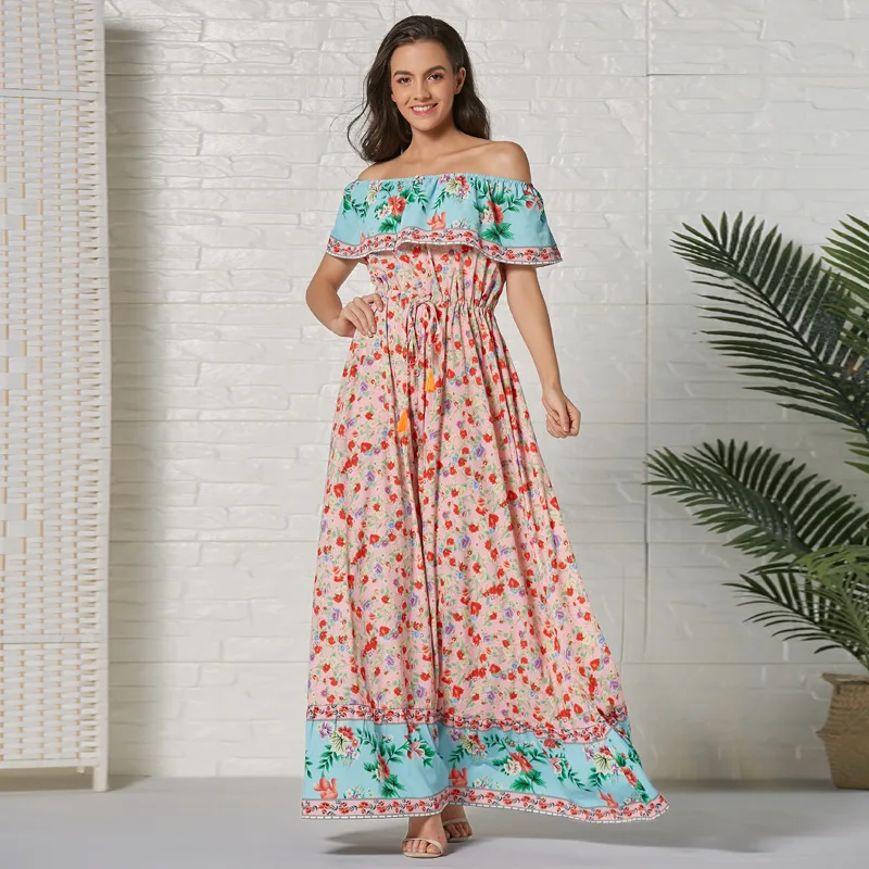 

Boho Floral Print Long Dress Ruffles Short Sleeve Side Split Slash Neck Lace Up Tassel Button Women Leisure Vacation Dresses
