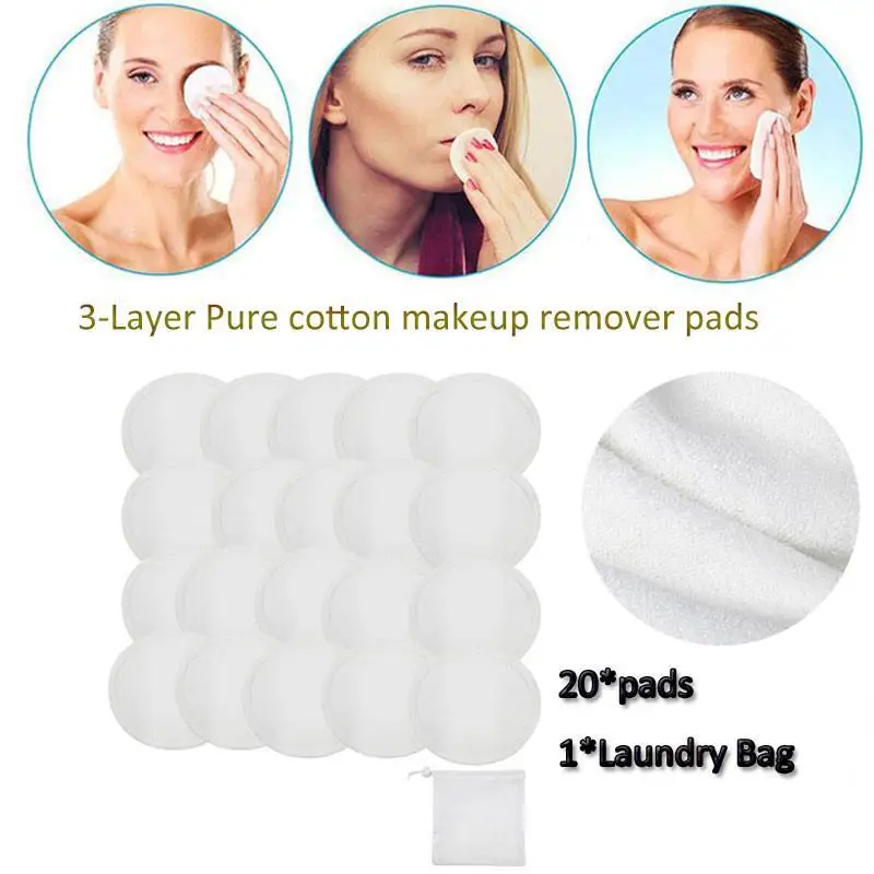3-Слои моющиеся натуральный хлопок подушечки для снятия макияжа 20 шт. многоразовые прокладки для губ щетка для лица макияж глаз для очистки