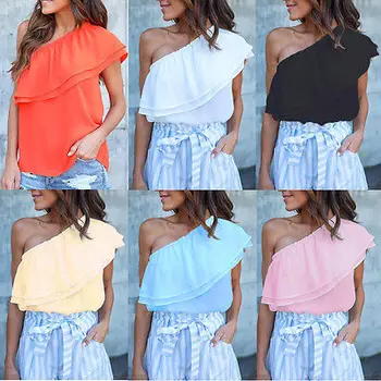 

New Summer Womens One Off Shoulder Casual Ladies Loose Tops Blouses Tee