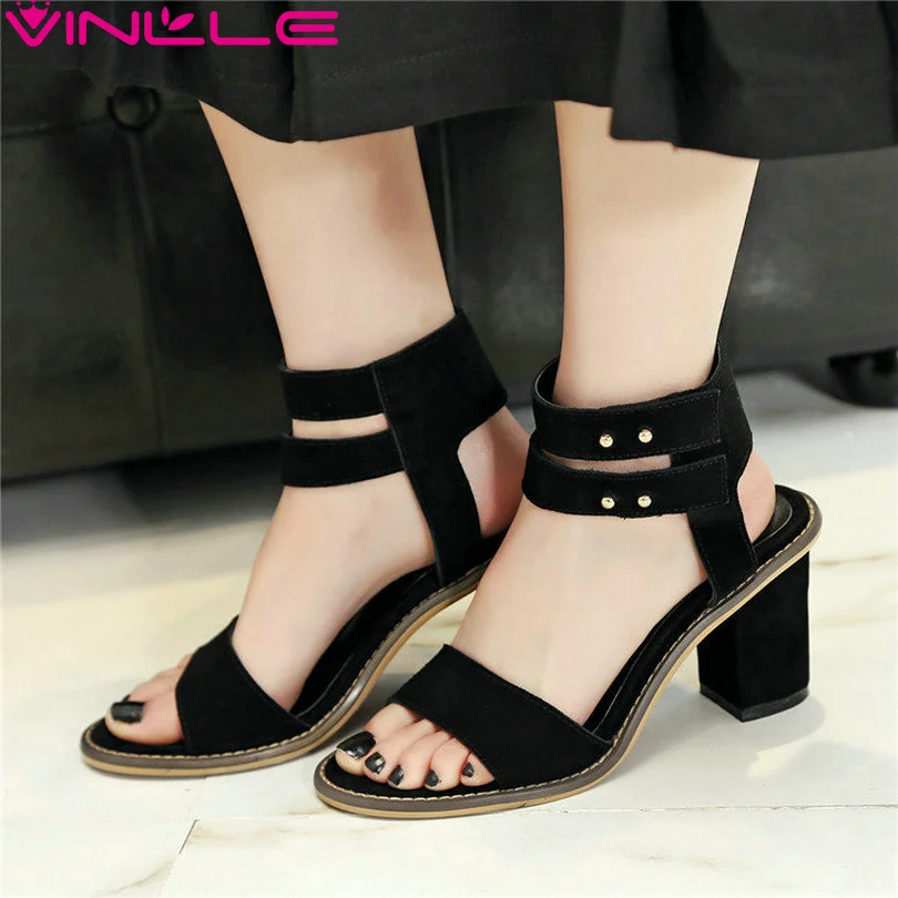 

VINLLE 2017 Women Sandals Ankle Strap Genuine Leather PU Square High Heels Sandals Summer Peep Toe Wedding Shoes Size 34-39