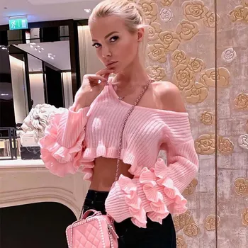 

Knitted Ruffle Sweater Female O Neck Women Pullover Sweater Pull Femme Ruffles Loose Casual Jumper