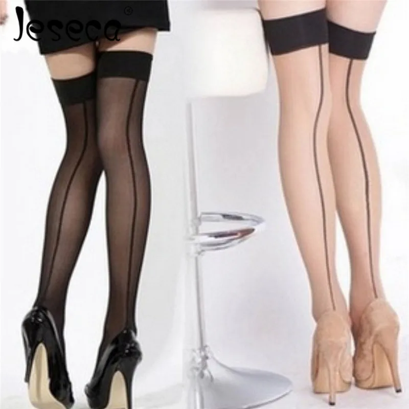 

Jeseca Women Sexy Lingerie Stripe Elastic Stockings Transparent Black Lady Thigh High Pantyhose Female Perspective Long Stocking