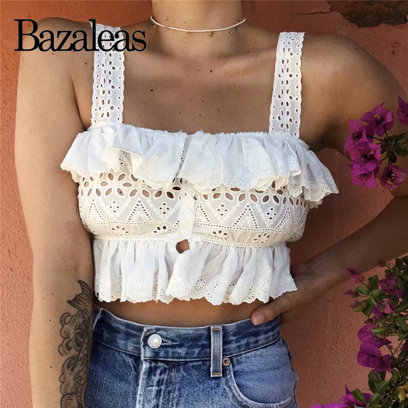 

Bazaleas Vintage Ruffles Cotton women Camisole White women Tops Hollow Out Cropped Fashion Spaghetti Strap Camis drop shipping