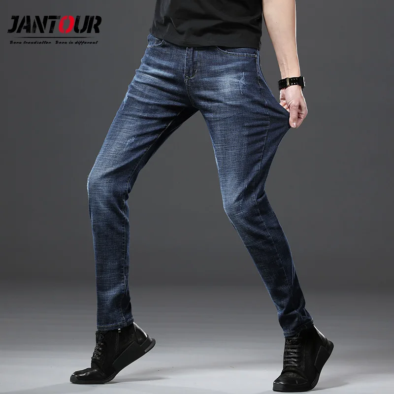 Бренд Jantour, новинка, мужские тонкие эластичные джинсы, модные деловые классические стильные синие обтягивающие джинсы, джинсовые мужские штаны - Цвет: Blue