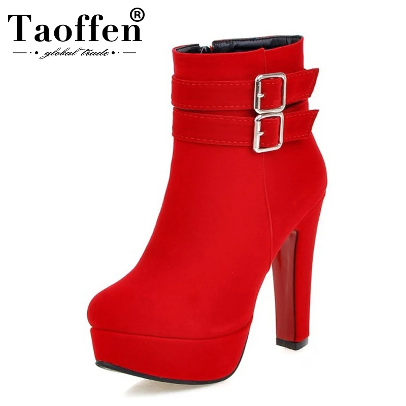 TAOFFEN Size 30-48 Women High Heel Boots Zipper Winter Warm Round Toe Shoes Woman’S Square Heel Platform Footwear Zapatos Mujer