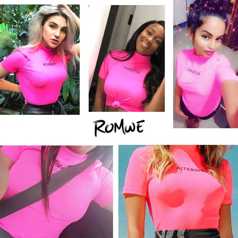 ROMWE неоновый топ с надписями на шее, повседневные футболки, Гламурная шикарная футболка с коротким рукавом, женские облегающие топы со стоячим воротником