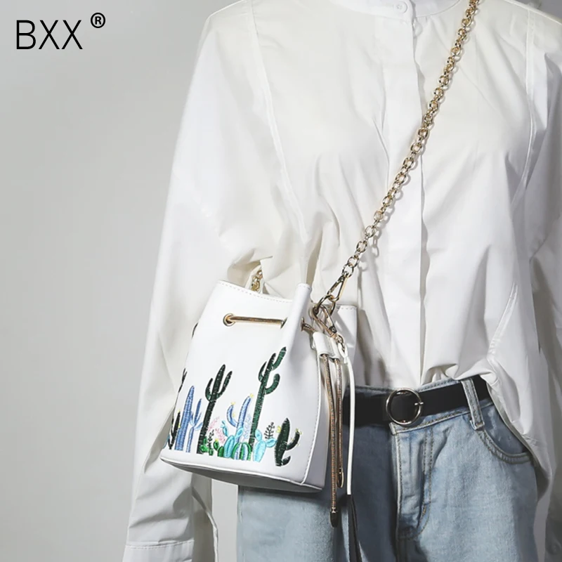 

[BXX] 2019 Spring Summe Stylish New Black Color Single Chain Spliced Embroidery Cactus Bucket Shape Messenger Bag LM430