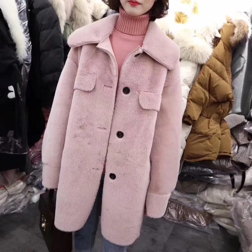 Faux Fur Coat Pink Fur Coat Single Breasted Furry Coat Harajuku Wide-waisted Pink Fur Jacket Warm Coat Women Clothing 2018