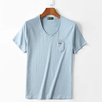Мужские хлопковые Майки нижнее белье с короткими рукавами ночная рубашка летние рубашки с v-образным вырезом карман Спандекс Бодибилдинг джемпер футболки - Цвет: Синий