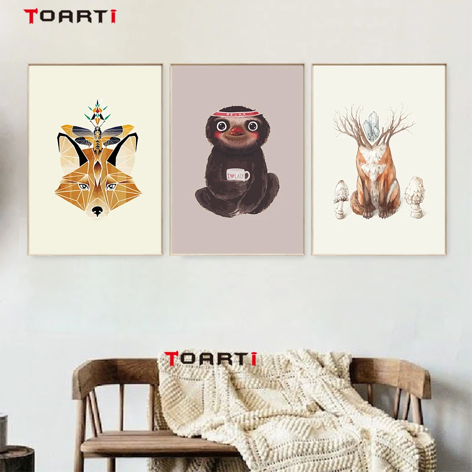 Creative 3D Animals&Plants Wall Art Abstract Watercolor Painting Colorful Vintage Posters&Prints Living Room Decoration Pictures (4)