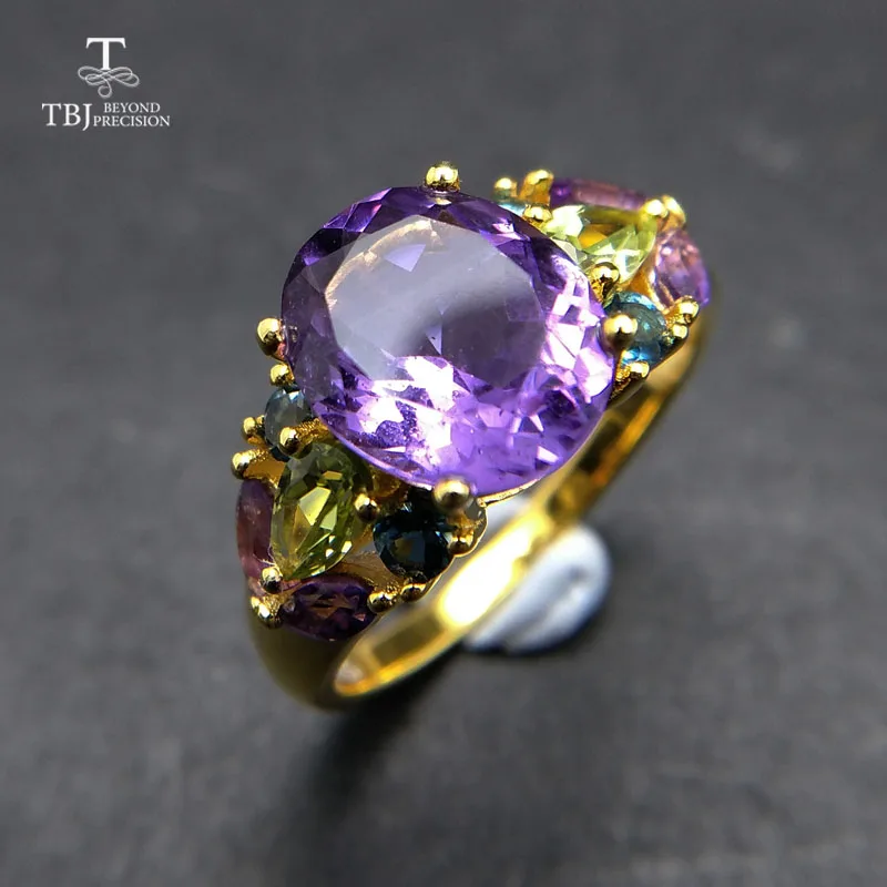 TBJ,Natural Colorful Gemstone Rings with Amethyst peridot topaz in 925 sterling silver yellow gold color,best gift for women