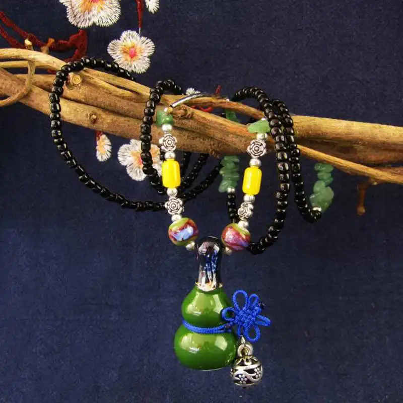 

Hot Sale Chinese Style Blue/Red/Green Gourd Shape Handmade Pendant Necklaces Ceramic Long Necklace Women Female Jewelry YNC109