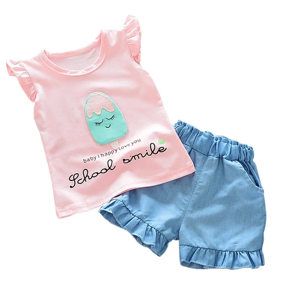

Cute Popsicle Printing Sleeveless Shirt + Ruffle Shorts for Kids Girls
