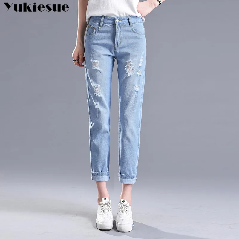 2018 Winter Ripped Jeans Woman High Waist Boyfriend Jeans For Women Plus Size Blue Black White Denim Mom Jeans Pants Trousers