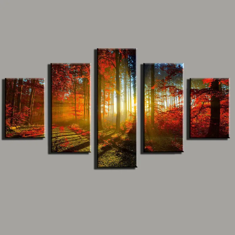 5 Panel Canvas Print Painting Cuadros De Lienzo Forest And Sunset