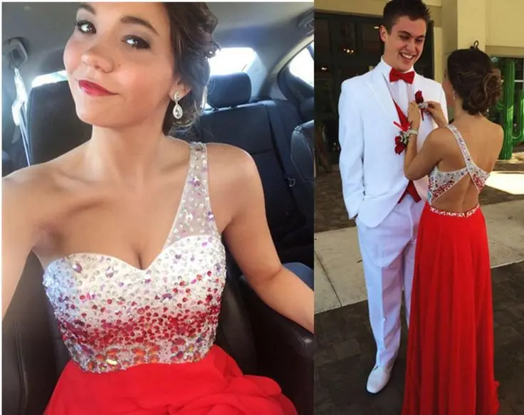 

Long Homecoming Dresses 2015 One Shoulder Sleeveless Backless Sweep Train Chiffon Crystal Party Gowns Cockail Dresses