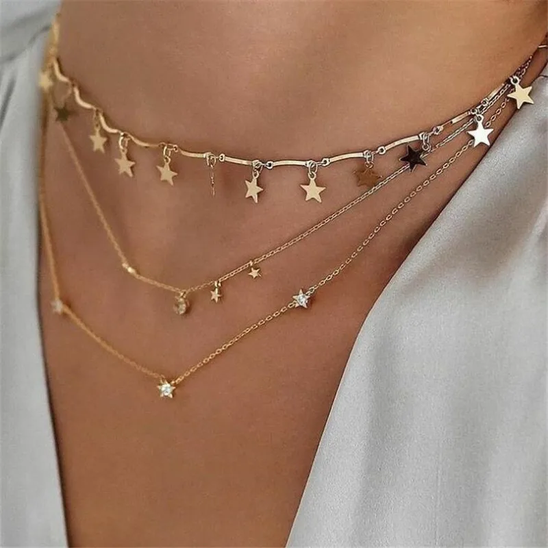 

GFLV Trendy Women Necklace Fashion Street Snap Big Five-Pointed Star Moon Multilayer Necklace Personality For Women Gift N042
