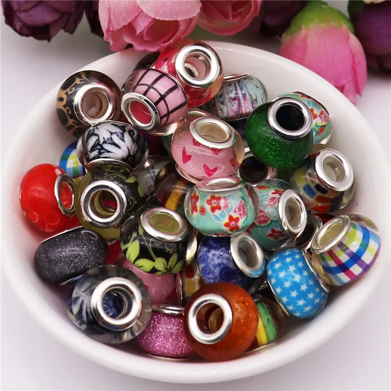 

20pcs Mix Color 14*8mm 5mm Large Hole Plastic Resin Beads Charms Murano Spacer Bead fit for Pandora Bracelet for Jewelry Making