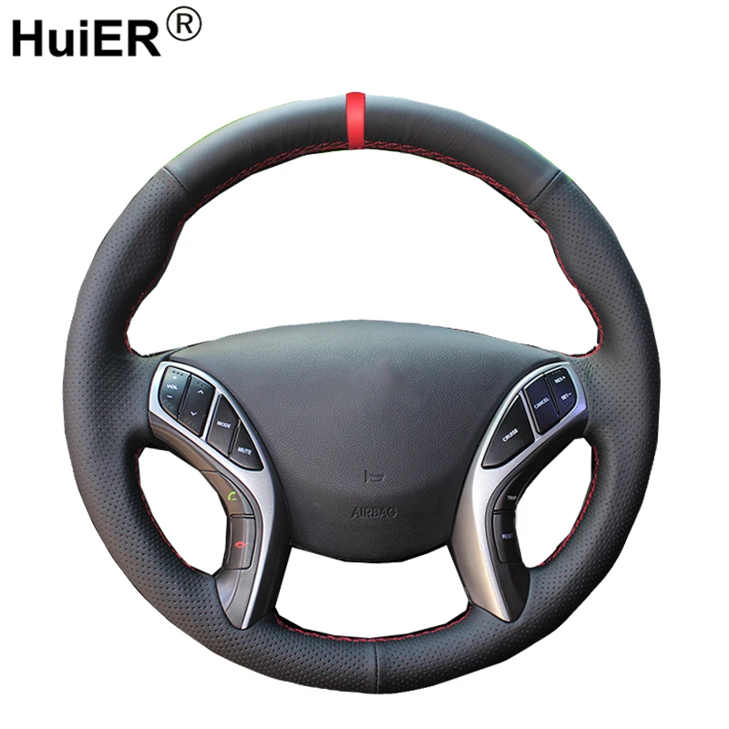 

HuiER Hand Sew Car Steering Wheel Cover Red Marker Non-slip Wear-resistant For Hyundai Elantra 2011-2016 Avante i30 2012-2016