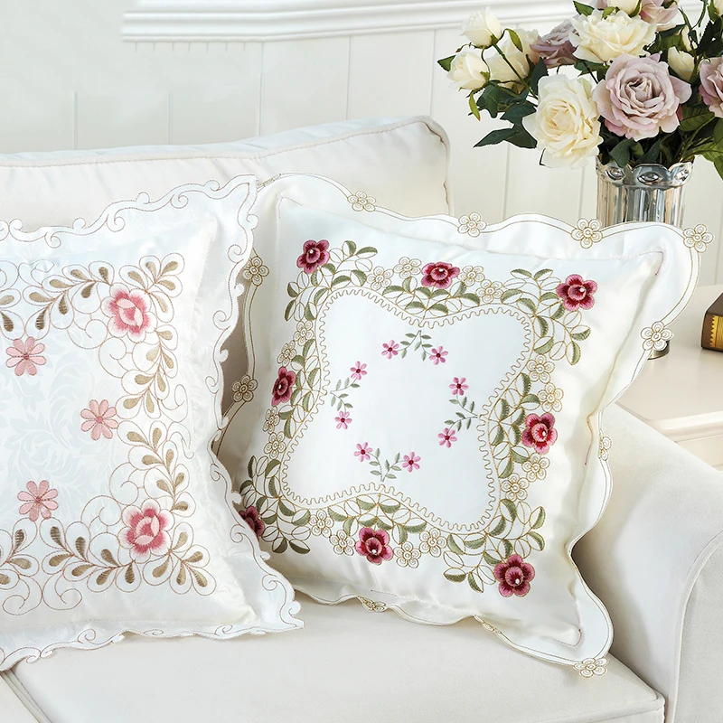 Атласный чехол для подушки с вышивкой, романтический цветочный свадебный декор, наволочка для подушки, декоративная наволочка для подушки, 45x45 см, кантри стиль