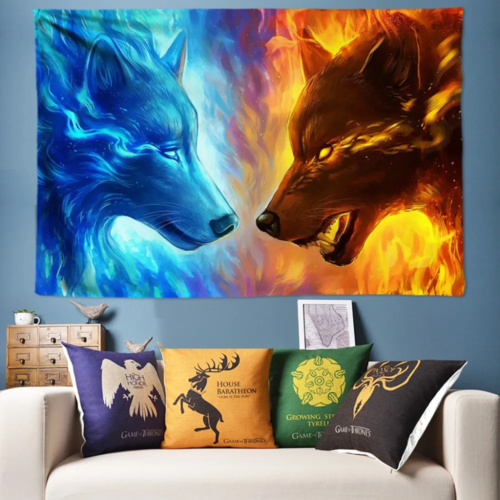 

Big Tapestry 3D Wolf Wall Tapestry Blue and Yellow Fire Dorm Decor Wall Hanging Bed Sheets Tapisserie Murale 200x300cm Wall Rug