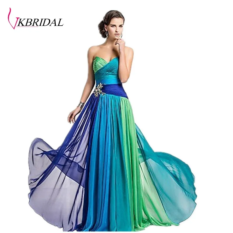 

VKBRIDAL vestido de festa Chiffon Peacock Long Bridesmaid Dresses Blue Female Saree Lace Up With Stones Floor Length Party Gowns
